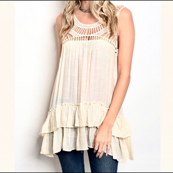 entro Tops - Anaise boho ivory ruffled crochet tank tunic top